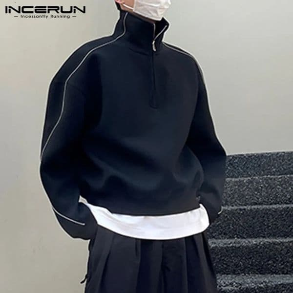 Mens Hoodies Sweatshirts INCERUN Men Solid Color Lapel Long Sleeve Zipper Loose Streetwear Korean Casual Male Pullovers S5XL 231214
