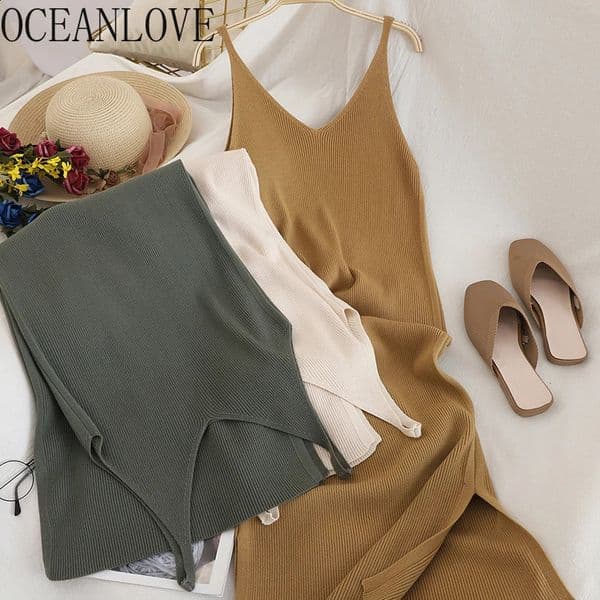OCEANLOVE V Neck Solid Knitted Dresses Casual All Match Simple Fashion Korean Women Dress Elegant Vestidos Clothes 15517 260207