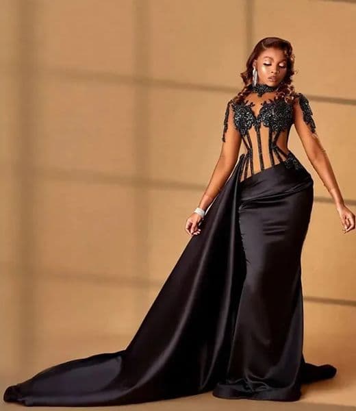 Plus Size Black Mermaid Prom Dress, Satin Trumpet Evening Gown with Beaded Applique, High Neck, Long Sleeve, Lace-Up Zipper Back, Sweep Train, Built-In Bra,