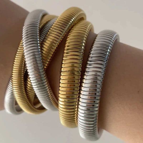Bangle ALLYES Thick Chunky Metal Herringbon Stretch Stainless Steel Bangle Bracelets Statement Gold Color Waterproof Fashion JewelryL231220