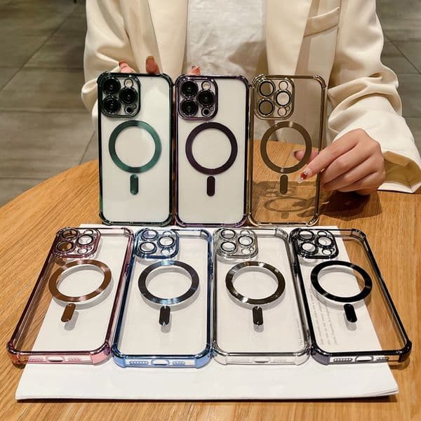 Magnetic Wireless Charging Shockproof Cases For Iphone 17 Air 16 15 Pro Max 14 Plus 13 12 11 Bling Clear Lens Protector Plating Chromed Four Corn Soft TPU