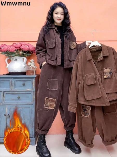 Thicken Plush Velvet Lined Corduroy 2 Piece Set Winter Thick Warm Coat Sweatshirt Conjuntos Casual Snow Wear Harem Pants Outfit 231226