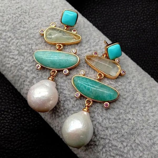 YYGEM Natural geometric Turquoise ite Prehnite Freshwater White Pearl Stud Earrings gold Filled office style for women 231225