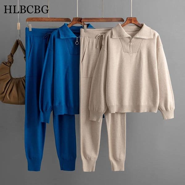 Winter Two Piece Sets Women's Knitted Suit Trouser Oversize Loose Sweaters Warm Polo Knitted Tracksuit Pants Knitwear Suits 231226