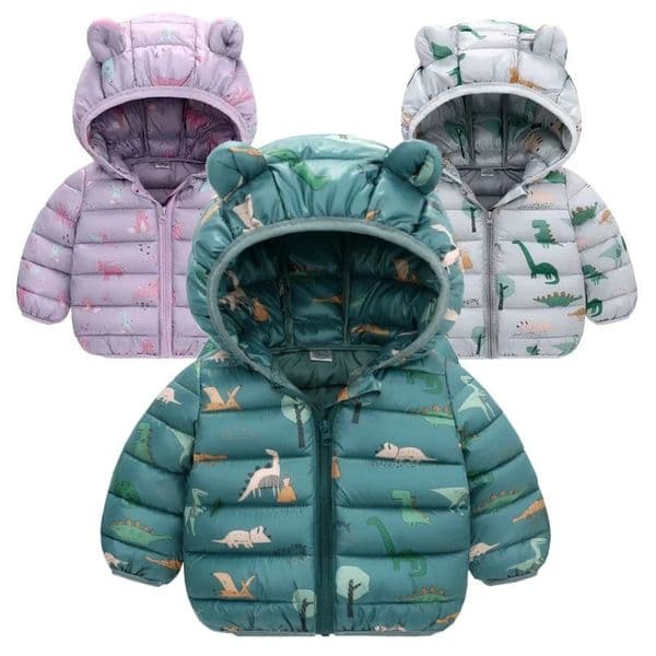 Children Boys Baby Hooded Lightweight Down Jackets Warm Outerwear Autumn Kids Girls Coats Cartoon Dinosaur Print Casual Clothing 231226