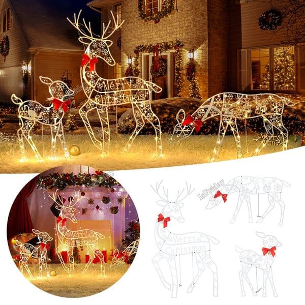 3PCS Handmake Iron Art Elk Deer Christmas Garden Decor LED Light Glowing Glitter Reindeer Xmas Home Outdoor Yard 231227
