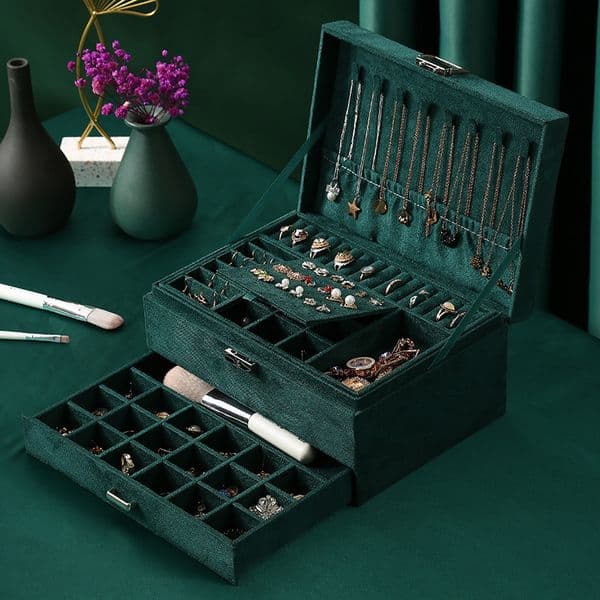 Packaging Boxes Green 3-Layer Flannel Jewelry Organizer Box Necklaces Earrings Rings Display Holder Case for Women Large Capacity With Lock 230710