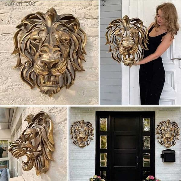 Rare Find Large Lion Head Wall Mounted Art Sculpture Gold Resin Lion Head Art Wall Luxury Decor Kitchen Wall Bedroom dropshippin L260523