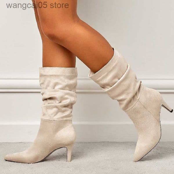 Boots Eilyken Pleated Pointed Toe ANKLE Boots Women Fashion Thin Low Heels Shoes Autumn Vintage Western Mid-Calf Booties Zapatos Mujer T230713