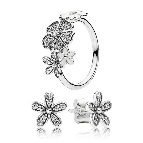 Dazzling Daisies Stud Earrings & Ring Set Authentic 925 Sterling Silver Luxurious RING Women Wedding Party Jewelry set Diamond Crystal Earrings ring with Retail Box