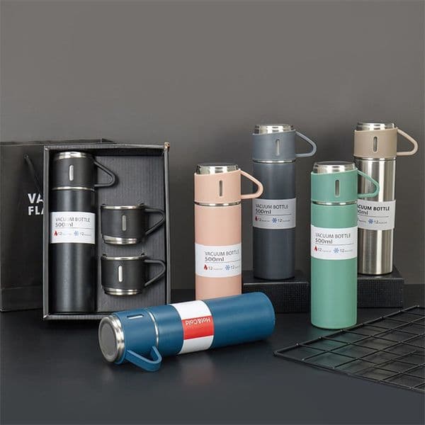 500Ml Stainless Steel Water Bottle Set With 3 Cups Vacuum Insulated Drinking Flask Best Gift For Christmas Business Gifts 5 Colors To Choose
