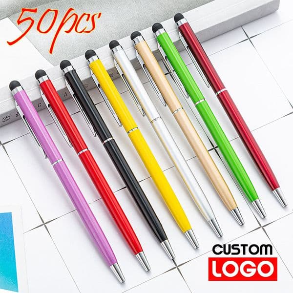 Ballpoint Pens 50 Packs of 13-color Mini Metal 2-in-1 Stylus Universal Ballpoint Pen Text Engraving Custom Office School Advertising Pen 230721