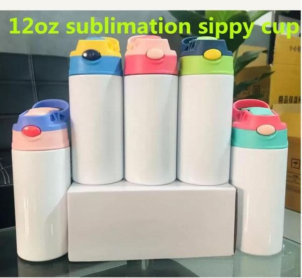 UPS 12oz Sublimation Blanks Kids Mugs Tumbler Baby Bottle Sippy Cups White Water Bottle with Straw and Portable Lid 6 Color Lids Fast Wholesale