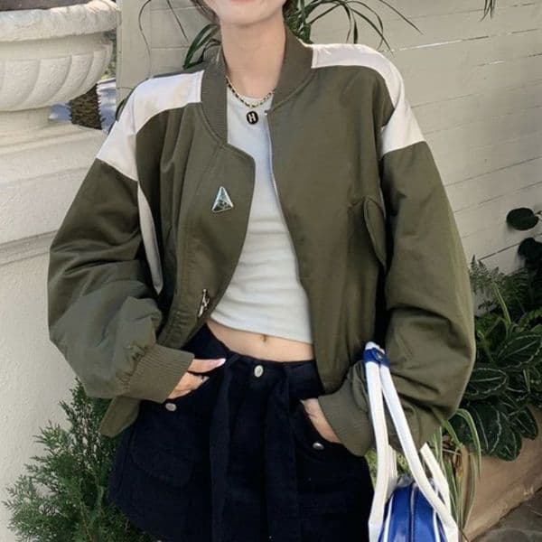 Womens Jackets Deeptown Vintage Harajuku Green Zip Bomber Women Korean Style Streetwear 90s Patchwork Oversize Jacket Hippie Tracksuit 230726