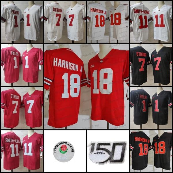 College Football Ohio State 7 Stroud Jersey 11 Smith-Njicba Justin Fields Red Black White Buckeyes College Men Football Jerseys 150th Rose Patch