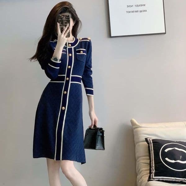 23SF Sandro Knitted Dress Badge Temperament Colorpicture Plus size long sleeves