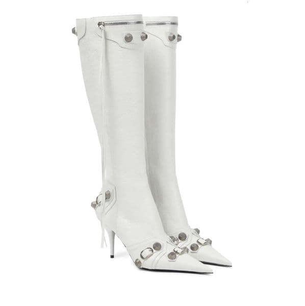 Boots Cagole stud buckle embellished textured-leather knee boots side zip shoes pointed Toe stiletto heel tall boot Run way luxury designers shoe