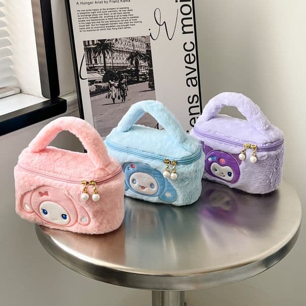 Girls Fuzzy Cosmetics Zipper handbag Girl Kuromi Melody Casual Princess Accessories bags big Capacity