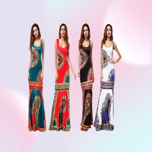 Women African Dashiki Maxi Dress African Bazin Print Robe Long Dresses Traditional Ladies Plus Size Slim Beach Dress