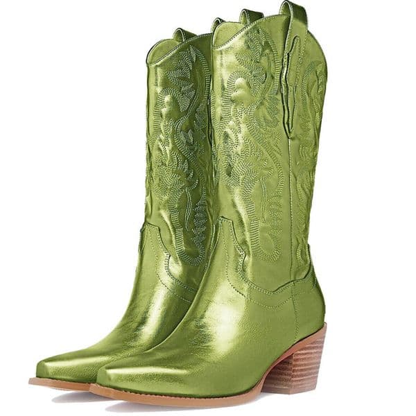 Boots Metallic Cowboy Boots Woman Western Boots For Women High Boots Zip Embroidered Pointed Toe Low Heel Female Shoes Big Size 35-43 230403