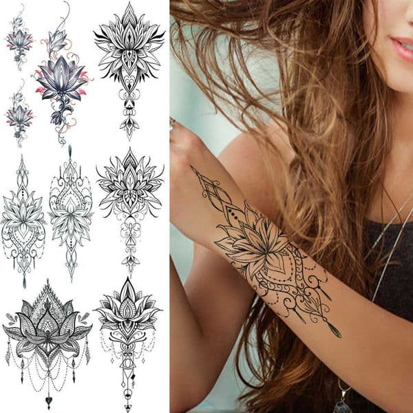 Temporary Tattoos Henna Lotus Temporary Tattoo For Women Fake Jewelry Chains Black Flower Body Art Abstract Tatoo Sticker Transfer Girl Tattoo Z0403