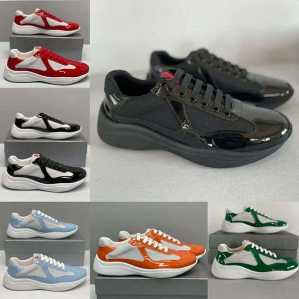 Designer Shoes Men Americas Cup Sneakers Leather Trainer Patent Flat Black Blue Mesh Nylon Casual Shoes With Box NO53