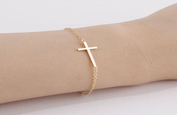 10PCS B009 Gold Silver Horizontal Sideways Cross Bracelet Simple Tiny Small Religious Cross Bracelet Cool Faith Christian Cross B
