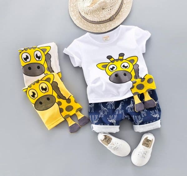 Summer Kids Baby Clothes Set For Boys 04 Years CLOTH Cut Cartoon Animal Infant Clothing Suit Giraffe Top Tshirt Toddler Outfit 2