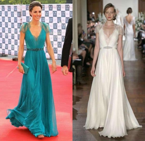 New Kate Middleton in Jenny Packham Sheer with cap Sleeves Evening Gowns Formal Celebrity Red Carpet Dresses Lace Chiffon Evening