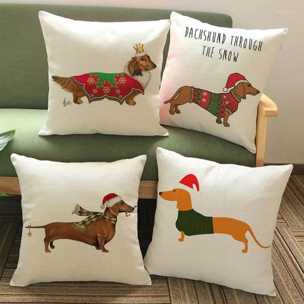 Pillow Christmas Clothes Hat Dachshund Cartoon Funny Dog Linen Throw Case Home Sofa Car Decorative Pet Store Cover 45x45