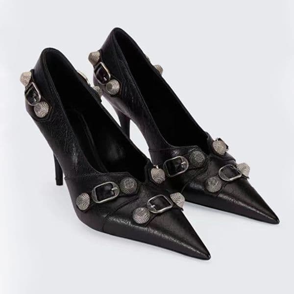 Women lambskin leather Pumps stud buckle embellished Slip-on pointed Toe stiletto fashion show Evening shoes designers shoe slippers35-41
