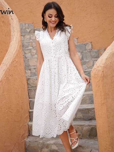 Casual Dresses Marwin Long Simple Casual Solid Hollow Cotton Holiday Style High Waist Fashion Mid calf Summer Dress Vesidos 230408