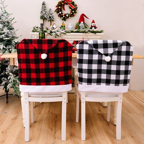 Christmas Chair Covers Decoration Plaid Santa Hat Chair Back Covers Dinning Room Decoration Xmas Slipcover Restaurant Holiday Festival Party Decor HW0124