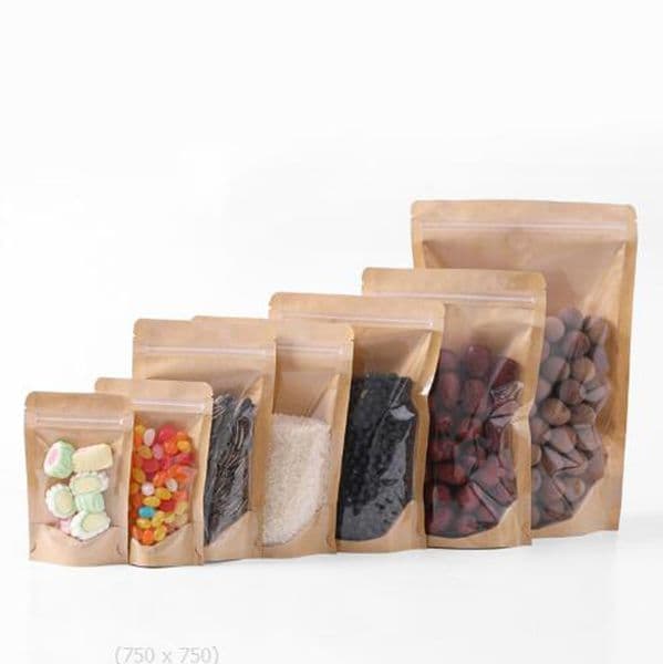 Kraft Paper Mylar Bags Clear Front Edibles Universal Smell Proof Stand Up Pouch For Foods Cookies Foods Snack Dry Herb Flowers Tobacco Coffee Bean Storage Packaging