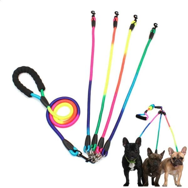 Dog Collars Leashes Rainbow Multi Dogs Leash Nylon Detachable Pet Lead Foam Handle 1 Leash for 2 or 3 or 4 Dogs Round Traction Rope Dog Supplies Dog 231110