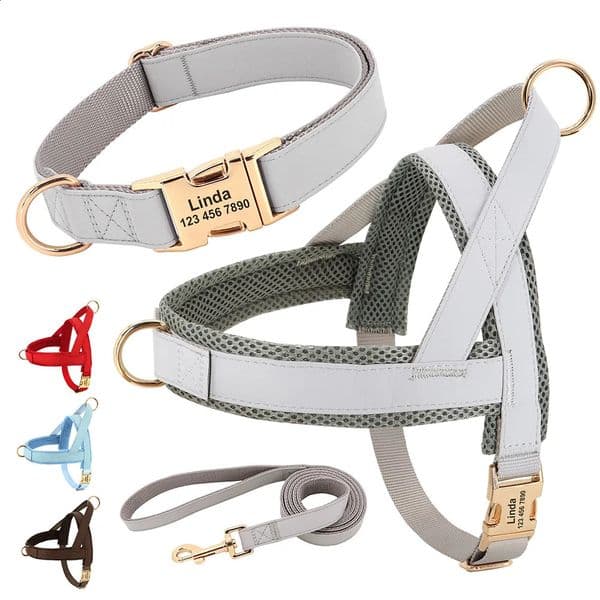 Dog Collars Leashes Personalized Leather Dog Collar Harness Leash Set Pet Mesh Vest Harness Customized ID Pet Leads For Small Medium Large Dogs 231110