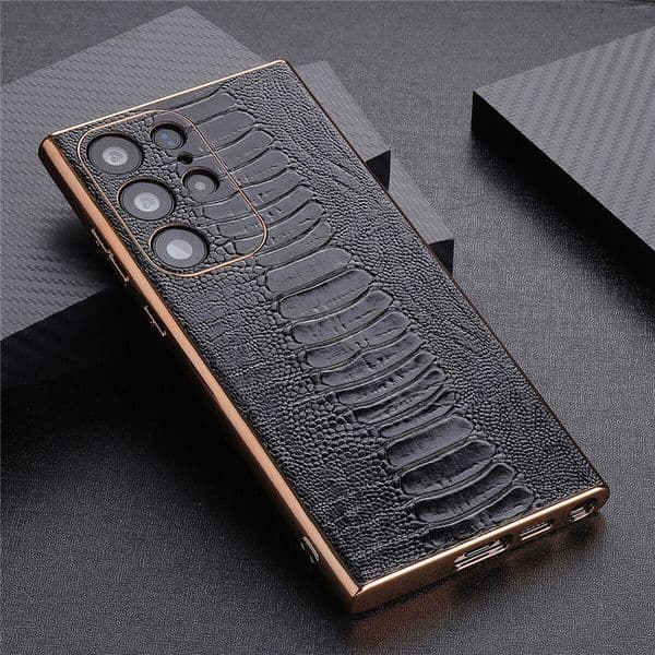 Genuine Leather Case For Samsung Galaxy S24 Ultra S23 Ostrich Foot Pattern Glossy Frame Cover