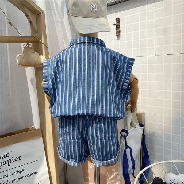 Clothing Sets 1-9Yrs Baby Boys Striped Summer Suit Handse CHIldrens Clothing Kid Clothes Set Baby Denim 2pcs Korean Summer Fashion Outfit J260530