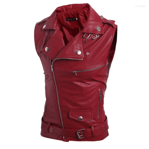 Men's Vests Fashion Street Jackets Pu Leather Vest Slim Fit Punk Multi Zipper Lapel Short Coat Black Red