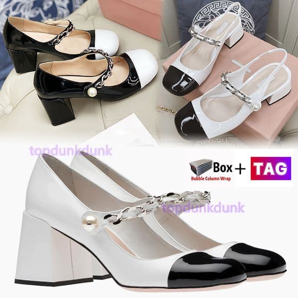 With Box Womens Sandals Patent Leather Fashion Designer Heeled Mary Jane Pumps Dress Shoes Block Heel Casual Slide Women Slippers Size 34-40