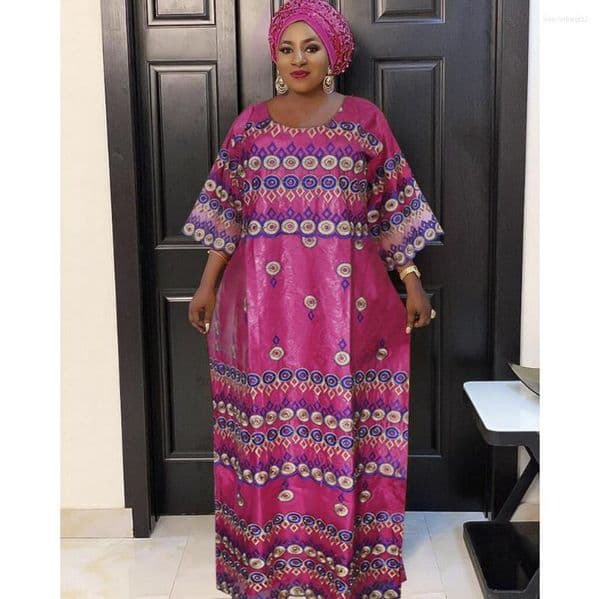 African Dresses For Women, Bazin Riche Dashiki Maxi Dress With Head Wrap, Embroidery Long Traditional Clothing