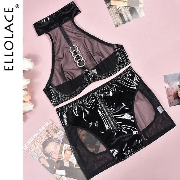 Sexy Set Ellolace Fantasty Lingerie Sheer Lace Exotic Costumes Leather Halter Bra See Through Tulle Underwear Sexy Latex Bilizna Set 231116