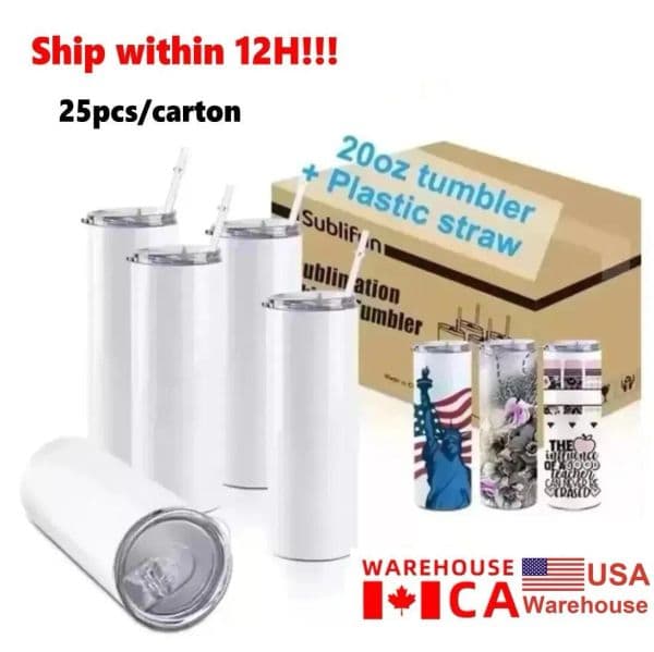 Local Warehouse Sublimation Mugs 20 Oz Stainless Steel Straight Blank white Tumbler with Lid and Straw for Heat Transfer DIY Gift Coffee Bottlle 1118