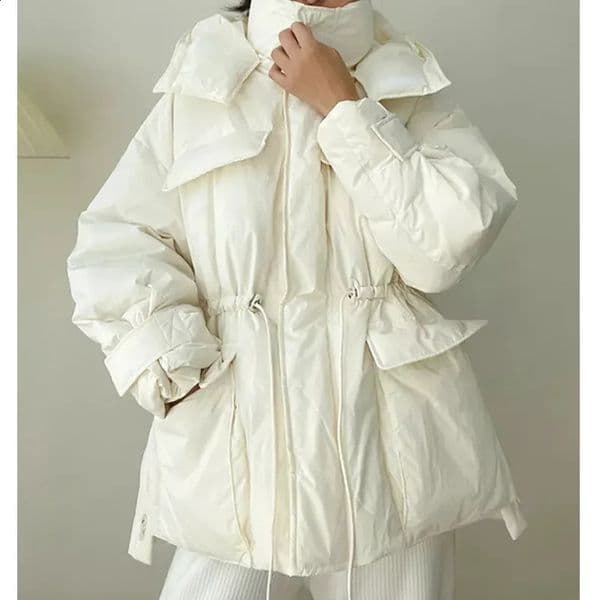 Womens Down Parkas Winter Hooded Warm Jacket Coat Irregular Fluffy Bubble Drawstring Waist Green White Blue 231118