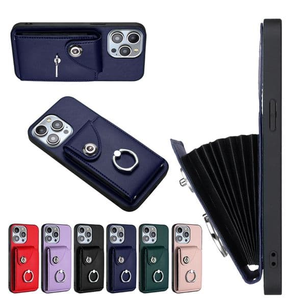 Pocket Pack Leather Wallet Cases For Iphone 17 Air 16 15 Pro Max 14 Plus 13 12 11 X XR XS 8 7 Credit ID Slot Organ Card Bag Metal Finger Ring Holder Shockproof