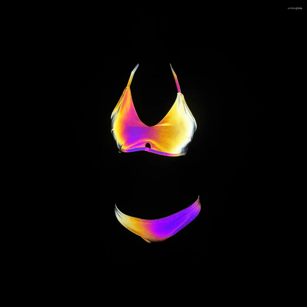 Women's Swimwear Colorful Reflective Women Bikini Beachwear 2 Piece Set Reflect Light Bathing Suit Techwear Outfits Clothing Biquinis