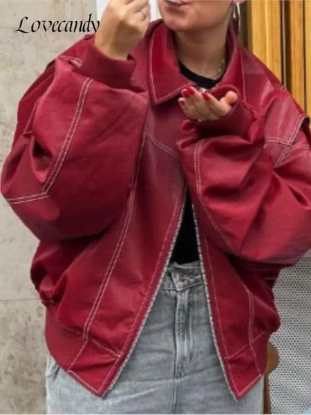 Women's Jackets Women Red Lapel Zipper Leather Cropped Coat Autumn Casual Long Sleeve Patchwork Jacket Winter Fashion Highstreet Outerwear 231128