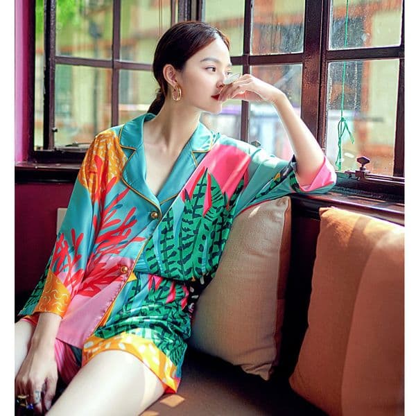 Women's Sleepwear Women Pajama Set Hand Drawn Art Tropical Plants Pyjama Set Silk Like Nightwear Shorts Home Wear Clothes Sleepwear Homewear 230428