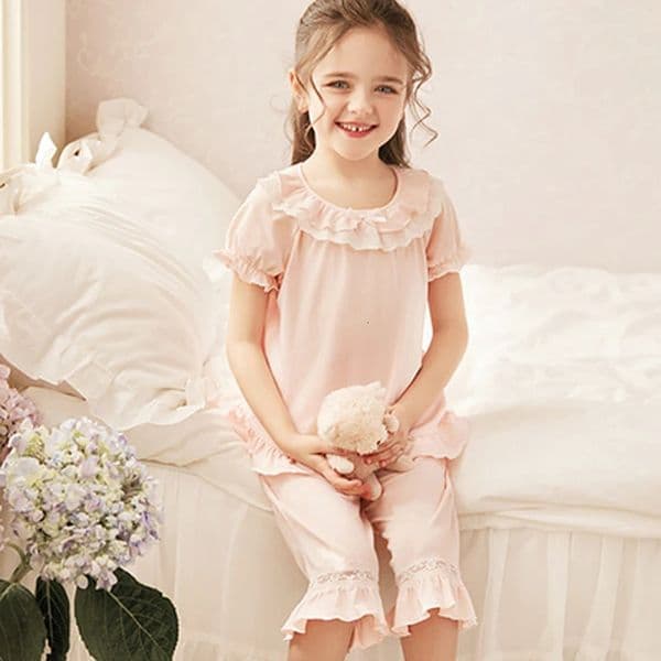 Pajamas 2 Colors Summer Kid Girl Lolita Cotton Lace Pajama Set.Toddler Baby Short Sleeve Pyjamas Set Cute Sleepwear.Children's Clothing 231124