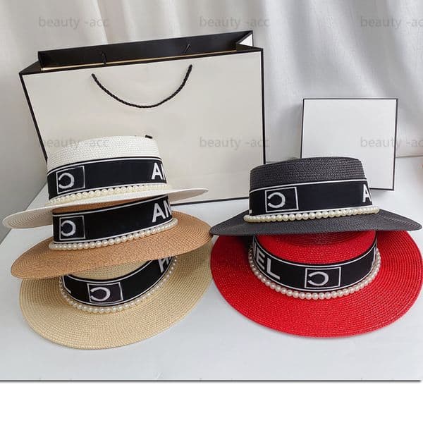 Designer Straw Hat Fashion Knitted Caps Flat Top Hat With Pearl Summer Bucket Hats Letter Cap Wide Brim Hat Sun Visor Beach Hats Outdoor